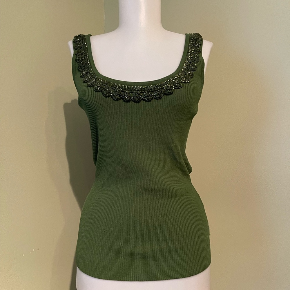 Cache Olive Green Beaded Scoop Neck Tank Top
